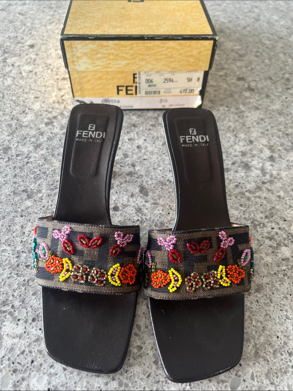 Fendi Zucca Beaded Floral Embroidered Slide Mules Sz 5.5